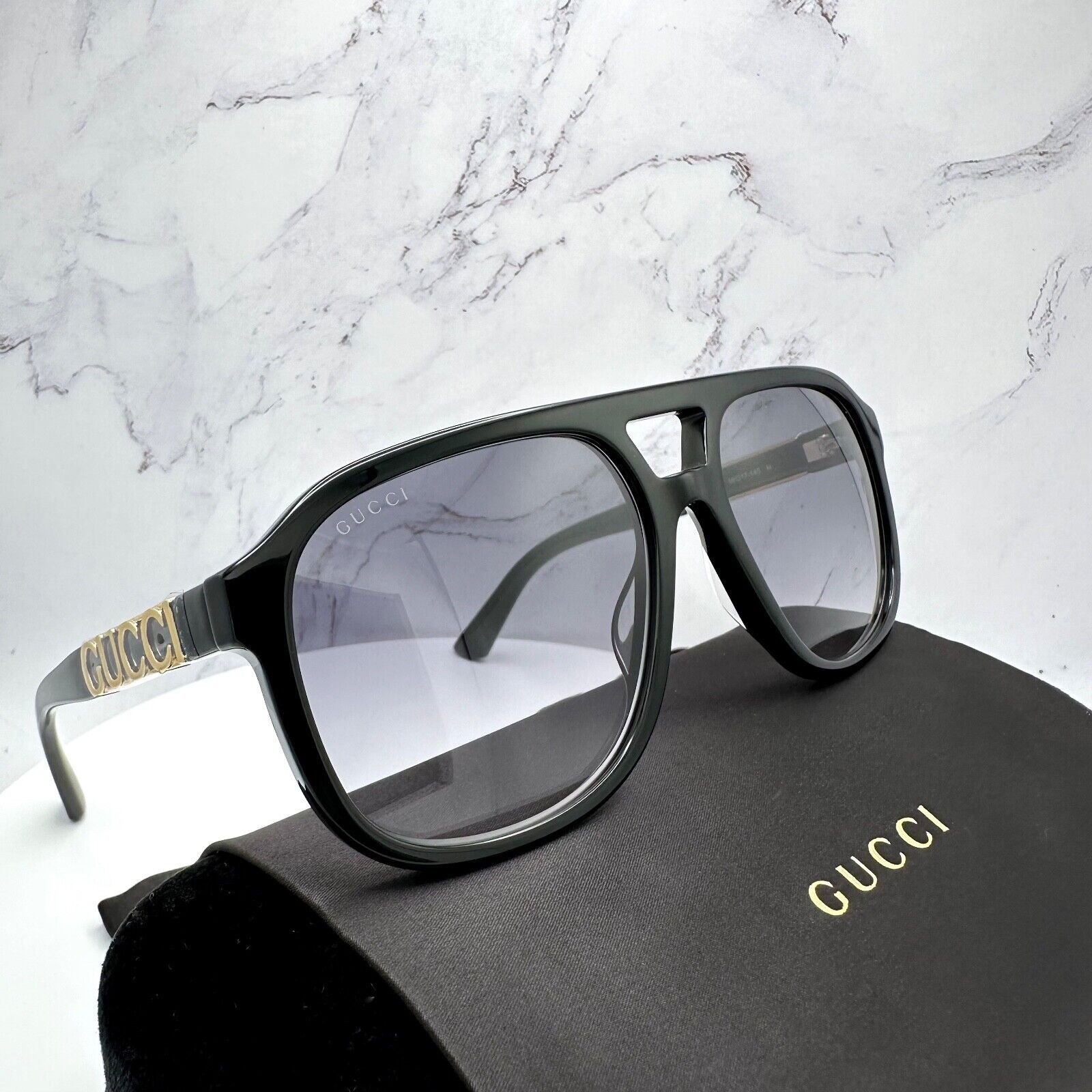New Gucci Sunglasses Black Pilot Aviator 58mm Navigator Gold