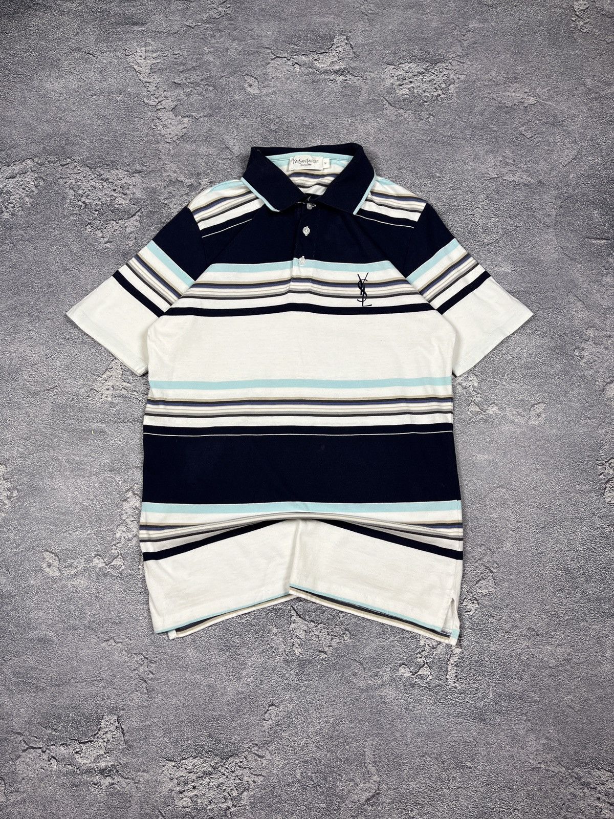 Vintage × Yves Saint Laurent Yves Saint Laurent YSL Paris Blue Striped Polo T Shirt Tee Size US M / EU 48-50 / 2 - 1 Thumbnail