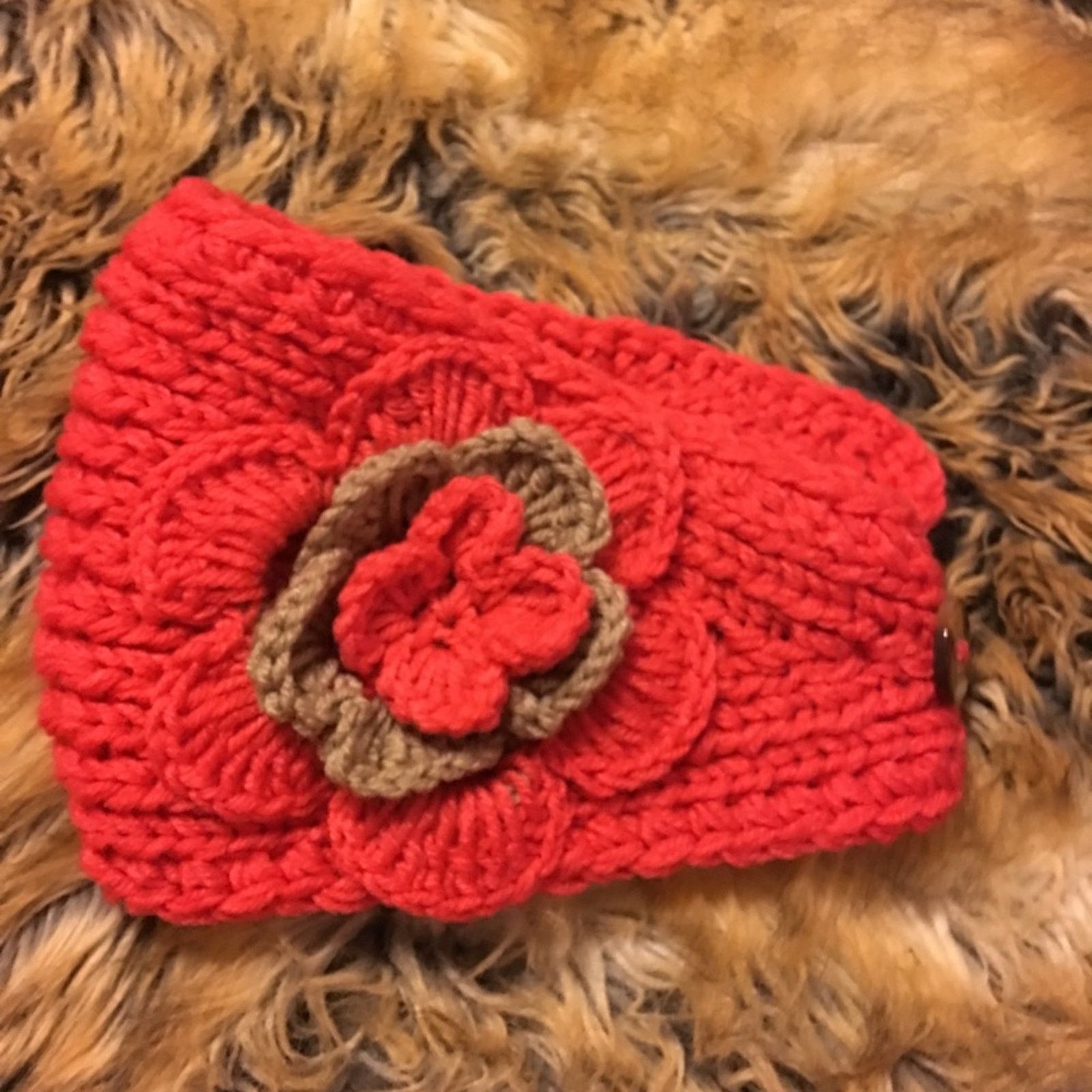 Handmade Knitted ear warmer head wrap orange and beige button close Size ONE SIZE - 1 Thumbnail