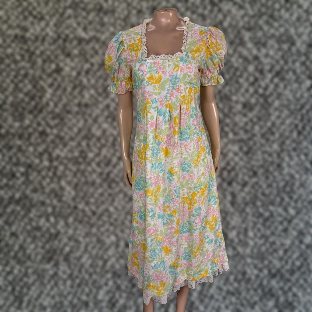 Vintage VINTAGE Handmade Women's Dress Floral Cotton Prairie Lace Cottage 70s Tea Dress Bohemian Yellow One Size Regular Dress Women Size ONE SIZE - 1 Thumbnail