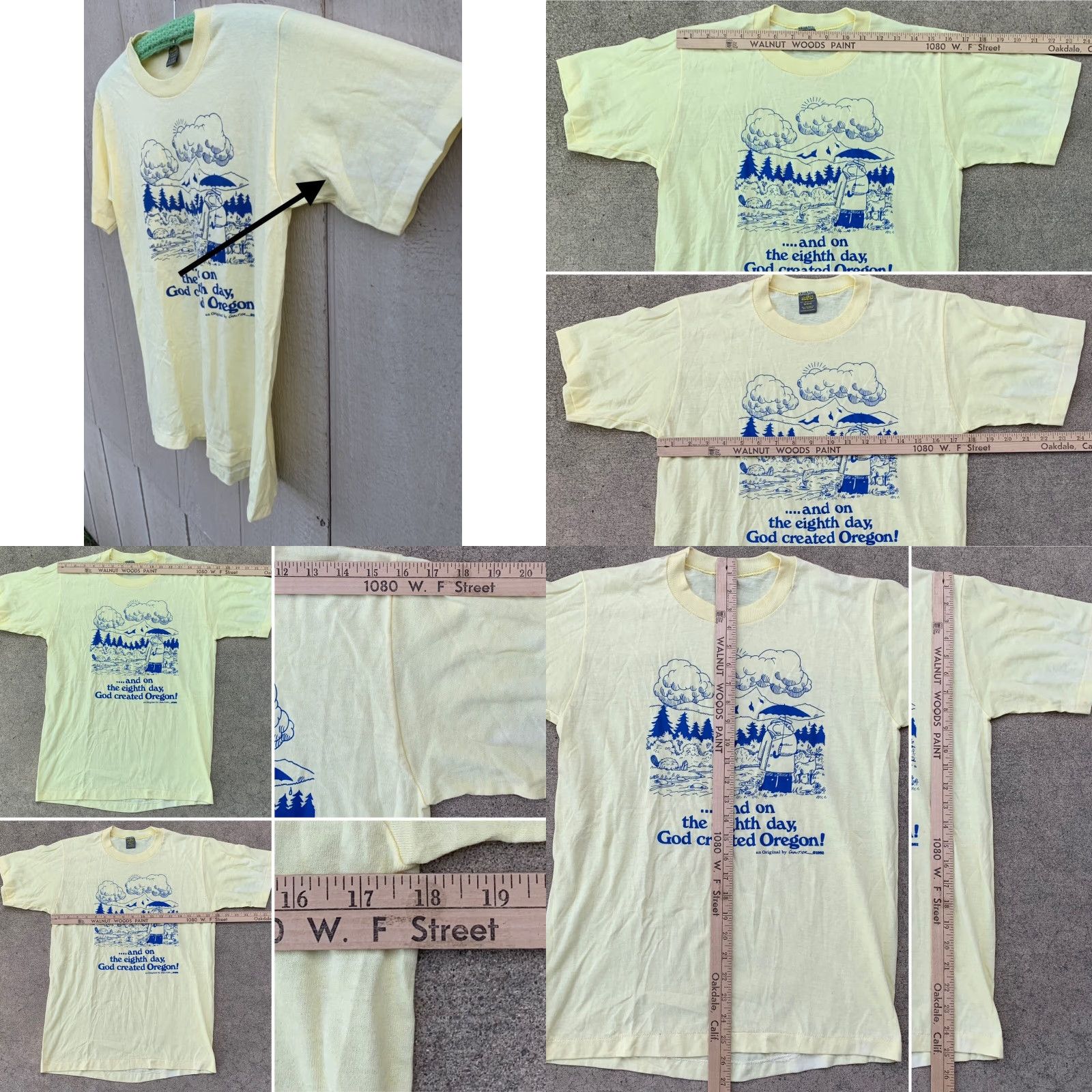 Jerzees VINTAGE …and on the eighth day, God created Oregon! t-shirt Men M Yellow Jerzees by Russell Short Sleeve Graphic Tee 1980s 38-40 USA Size US M / EU 48-50 / 2 - 8 Thumbnail