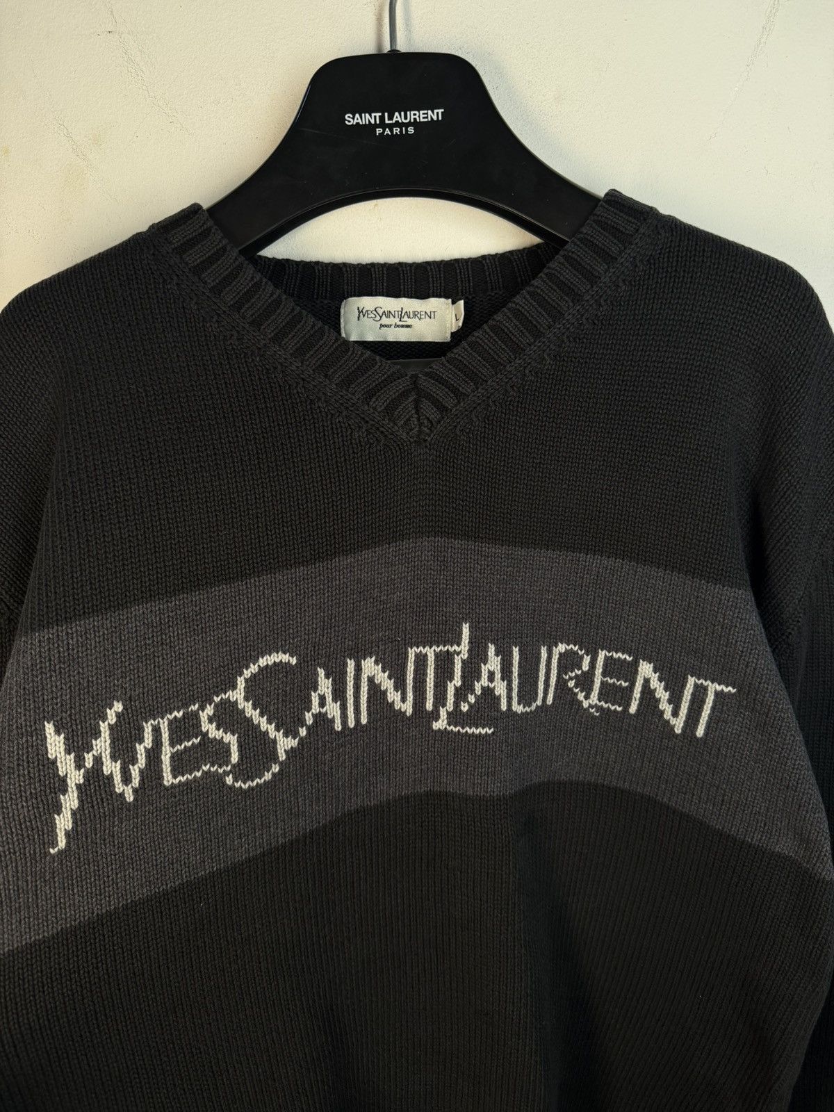 Yves Saint Laurent Black YSL Sweater Knit Big Logo V-neck Vintage y2k Rare Size US L / EU 52-54 / 3 - 2 Thumbnail