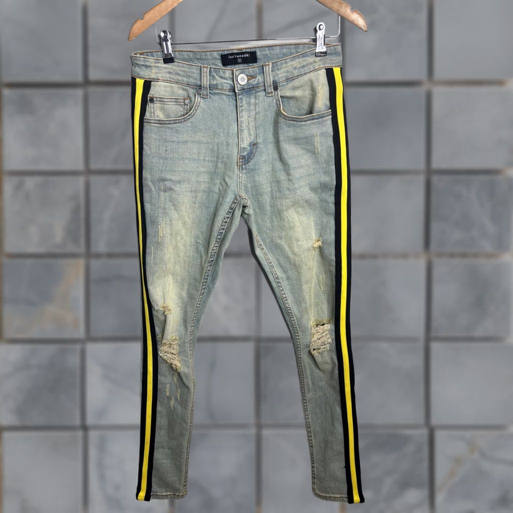 Vintage VINTAGE Serenede Jeans Mens 30 Light Wash Distressed Skinny Yellow Black Side Stripe Denim Slim 30 in Blue Mens Jeans Side Stripe Distressed 90s Style Size US 30 / EU 46 - 1 Thumbnail