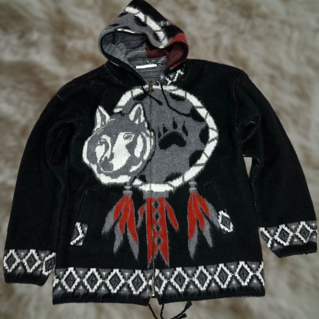 Vintage Vtg Mens Hooded Wool Zip Up Cardigan Sweater M Black Wolf Dreamcatcher Size US M / EU 48-50 / 2 - 1 Thumbnail