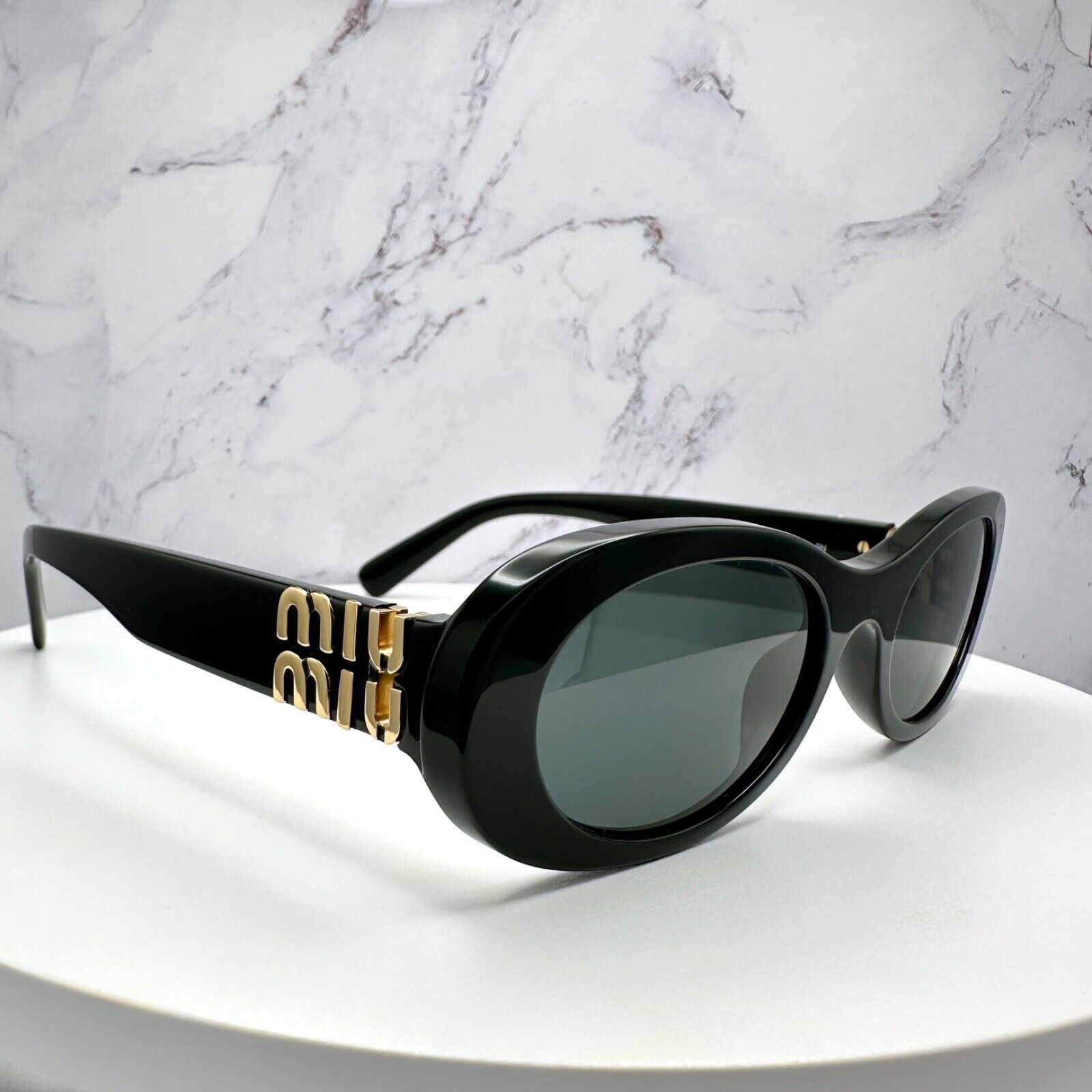 Miu Miu New MIU MIU Sunglasses Black Oval Gold Metal Logo Authentic Size ONE SIZE - 4 Thumbnail