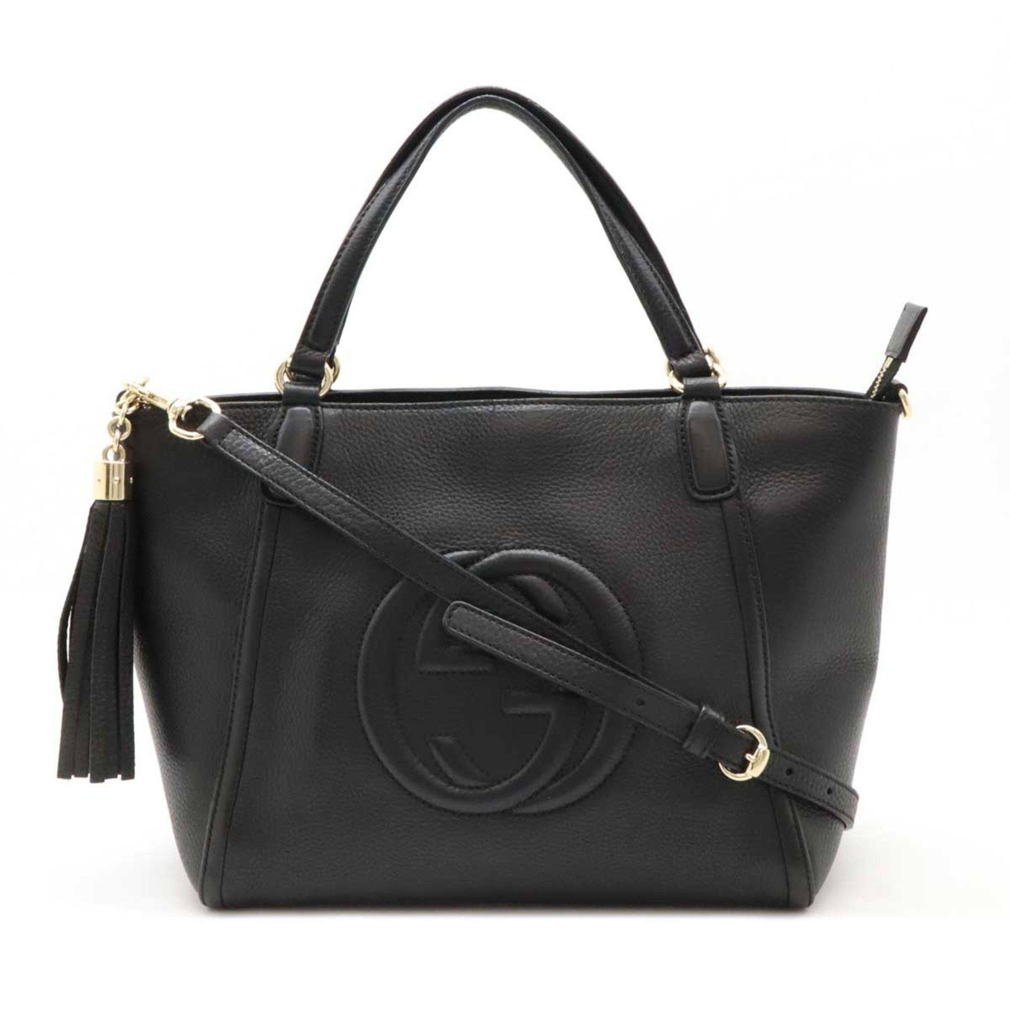 Gucci Soho Interlocking G Tote Bag Shoulder Tassel Leather Black 369176, Women's