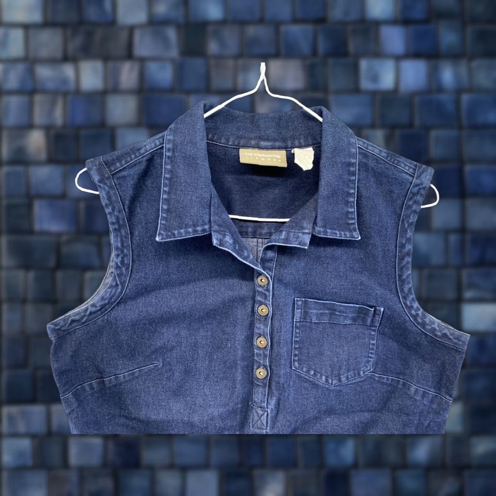 Liz Claiborne Liz Claiborne Liz Wear Dark Denim 1/4 Button Vest Women’s Size Large Jacket/Coat Short Sleeveless Blue 80s 90s American Mens Womens Girls Boys Size L / US 10 / IT 46 - 1 Thumbnail