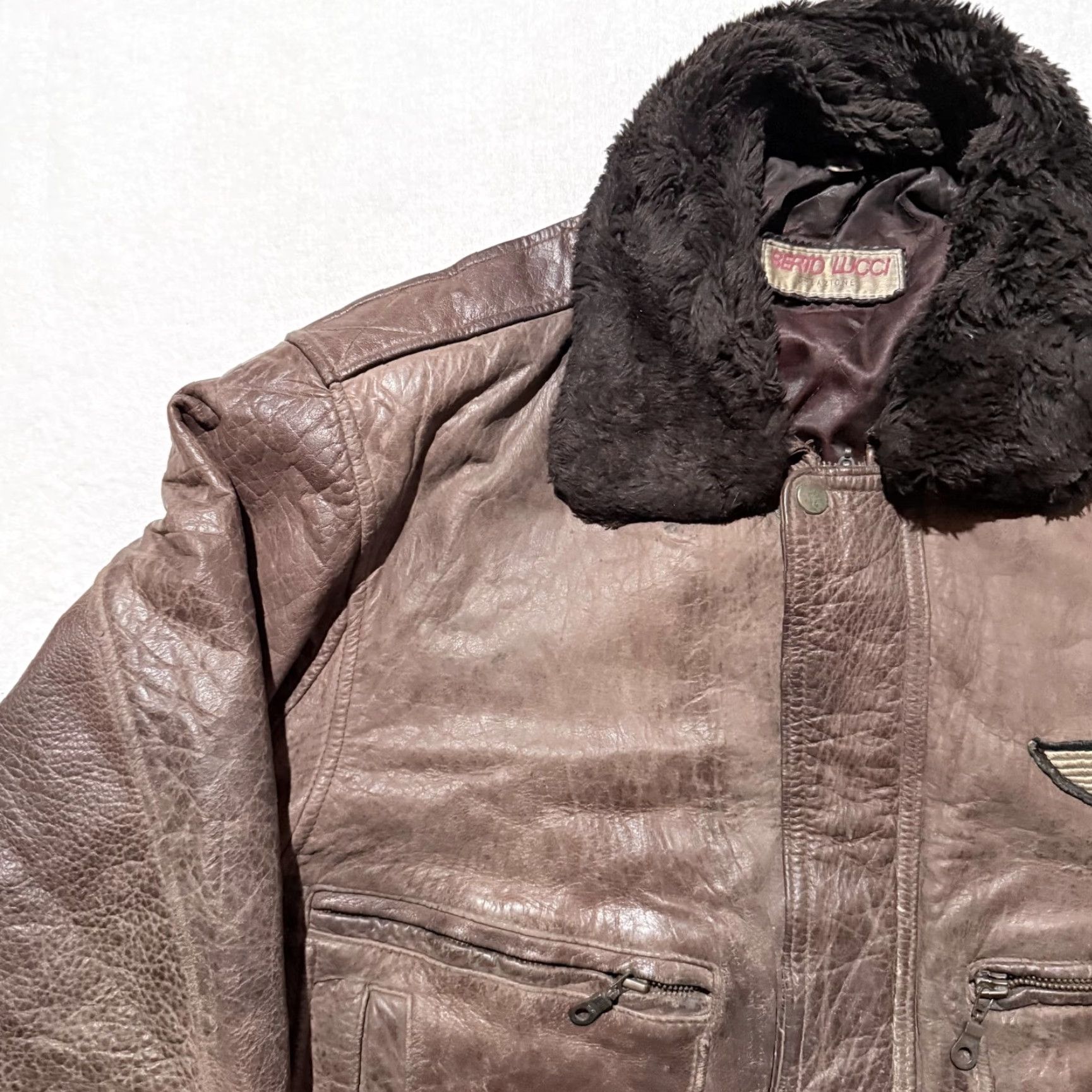 Vintage VINTAGE Flight Jacket Men Bomber Brown Faux Fur Collar Zipper Mid-Length Leather Flight 44 in Chest Mens Size US L / EU 52-54 / 3 - 4 Thumbnail