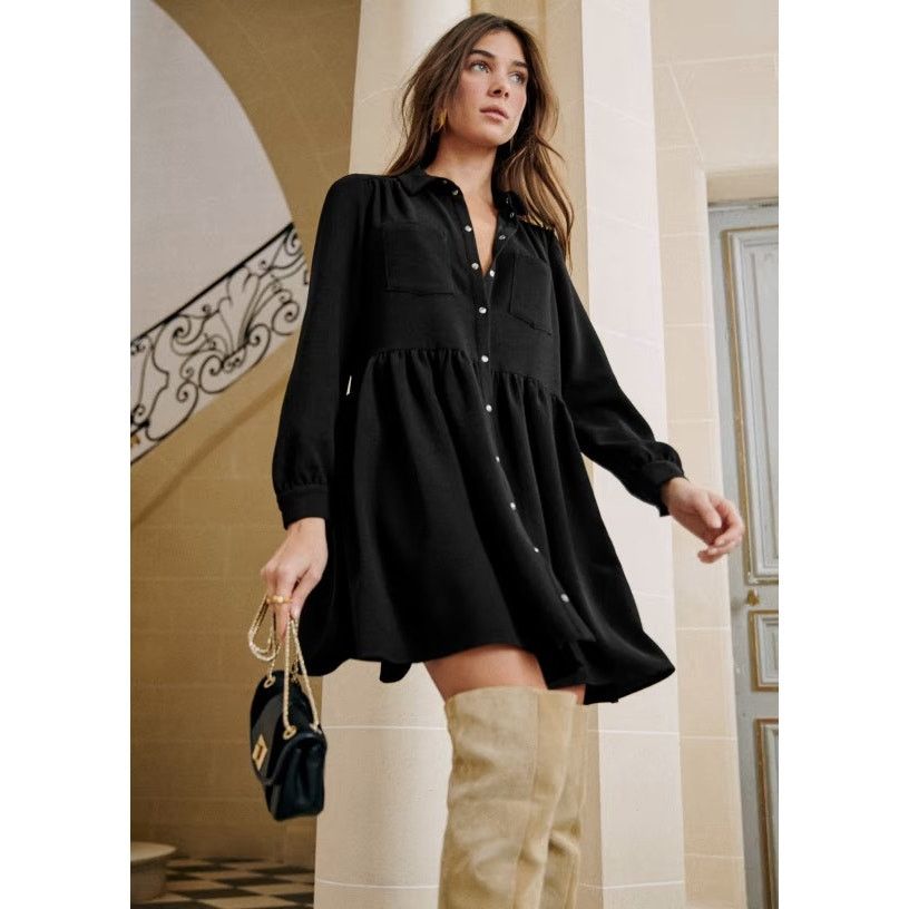 Sezane Sezane Leana Black button front snap mini oversized dress Size XS / US 0-2 / IT 36-38 - 1 Thumbnail