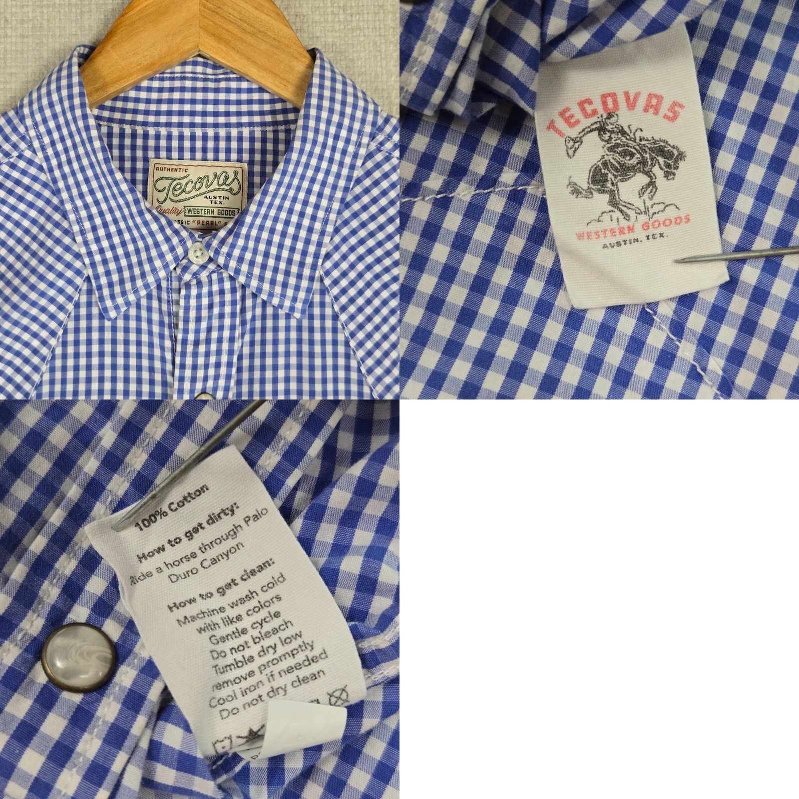 Tecovas Tecovas Austin TX Mens Shirt Long Sleeve Western Pearl Snap Cotton Blue/White Gingham Check Size US M / EU 48-50 / 2 - 9 Thumbnail