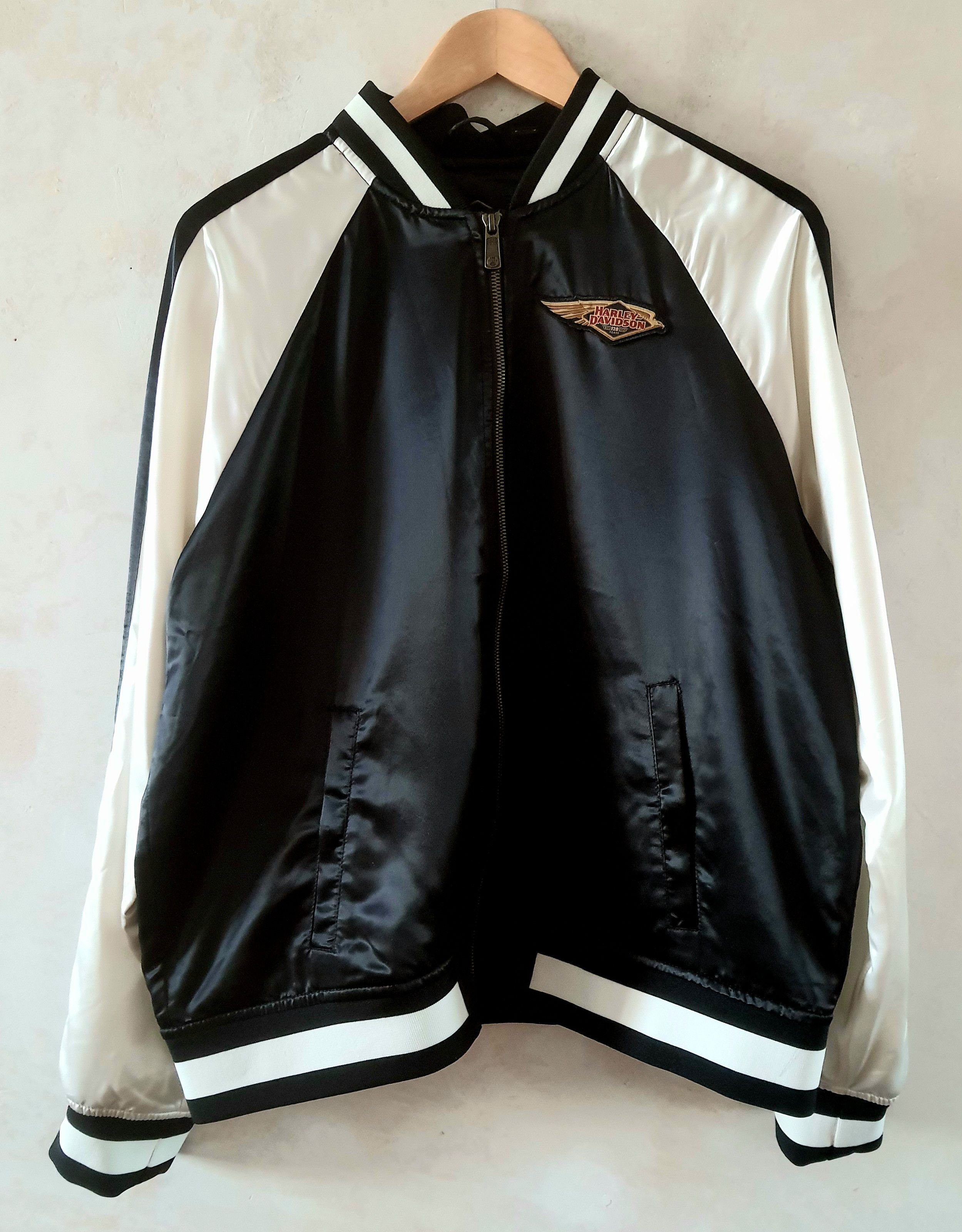 image of Harley Davidson Anniversary Edition Satin Bomber in Black/Cream, Men's (Size 2XL)
