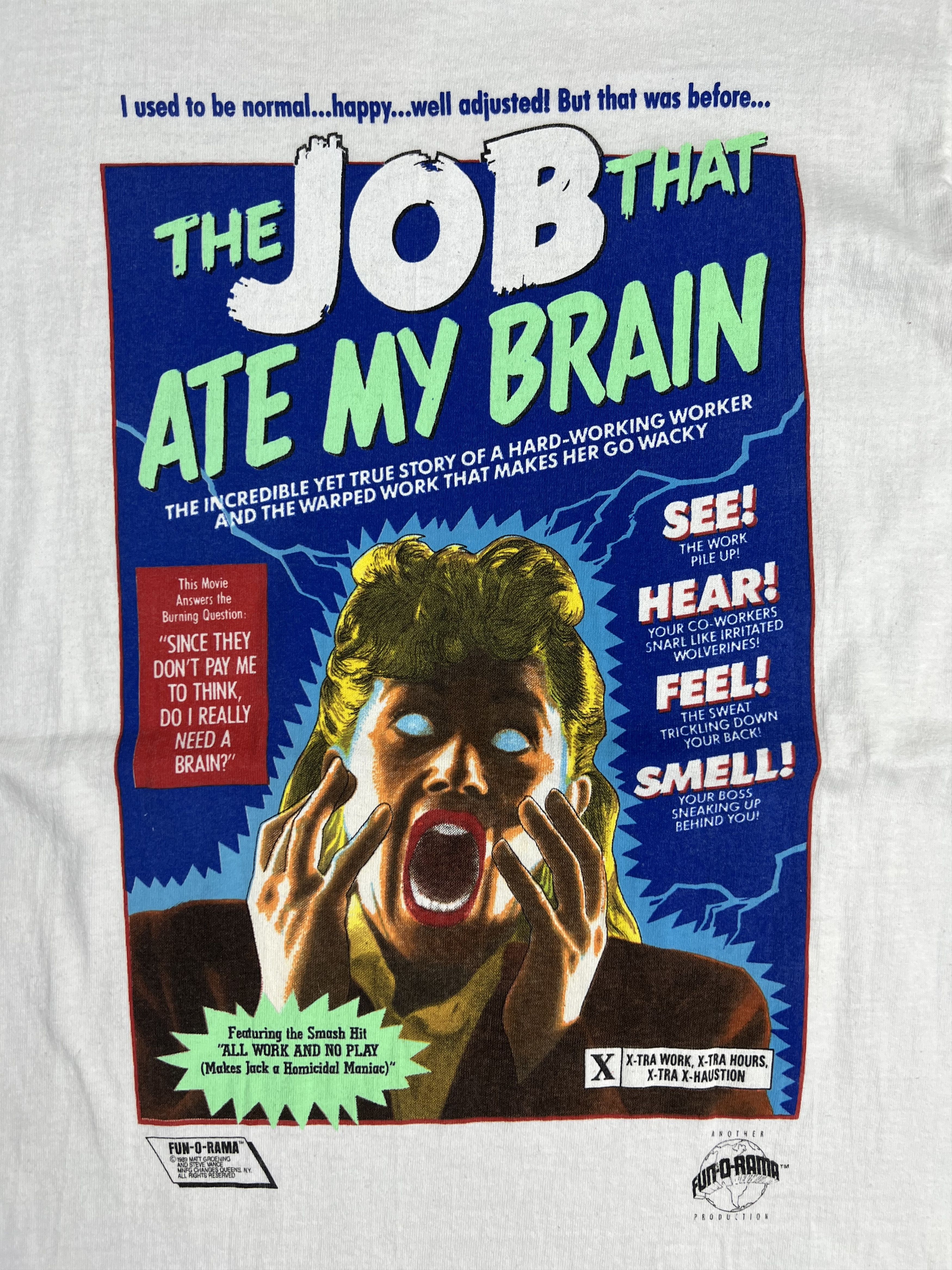 Vintage Vtg 80s Fun-O-Rama Job Ate My Brain Parody Art T (M) GTMD748 Size US M / EU 48-50 / 2 - 2 Thumbnail