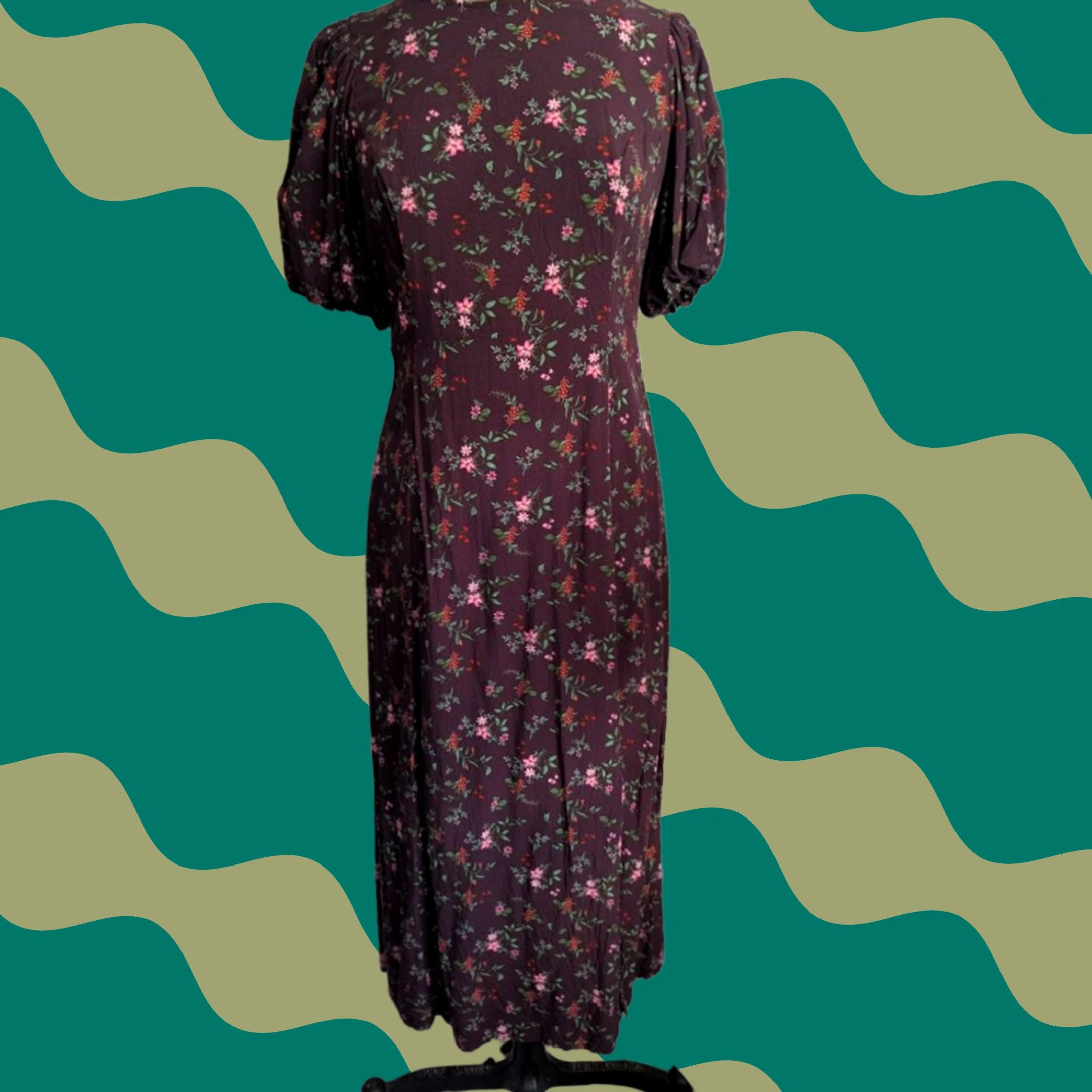 Old Navy Old Navy Womens MP Plum Floral Puff Sleeve Cutout Back Midi Dress Cottagecore Size M / US 6-8 / IT 42-44 - 1 Thumbnail