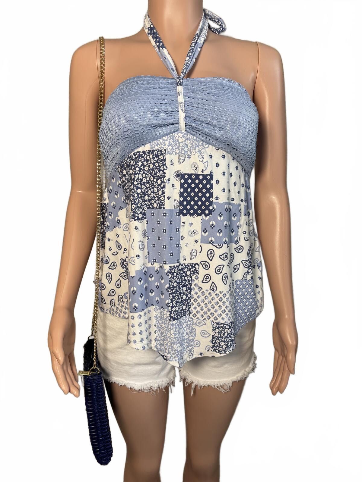 Other Boho Blue Patchwork Halter Top Flowy Summer Festival Medium Size M / US 6-8 / IT 42-44 - 2 Thumbnail