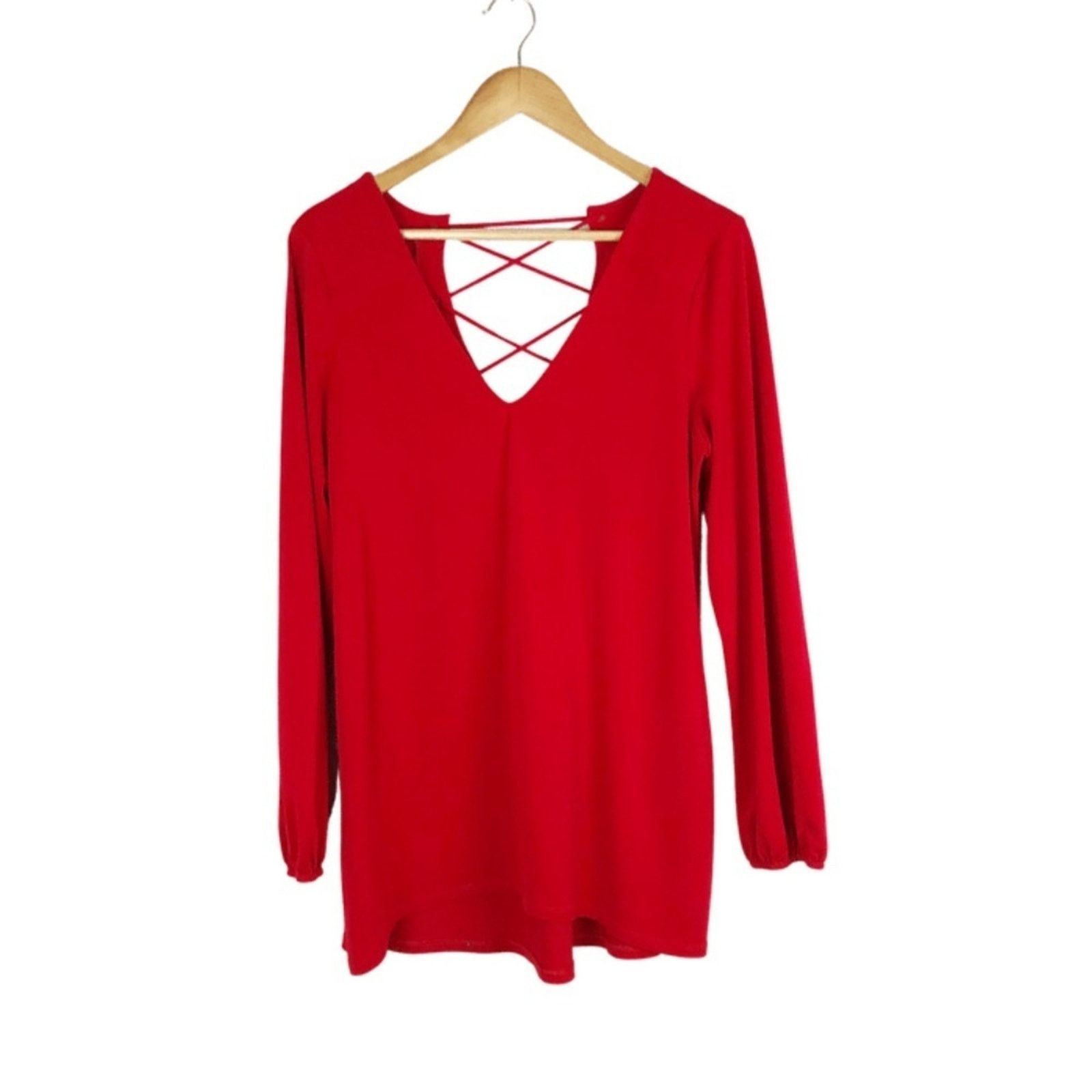 Express Express Women’s Red Lace Up Long Sleeve Sexy Blouse Size M / US 6-8 / IT 42-44 - 5 Thumbnail