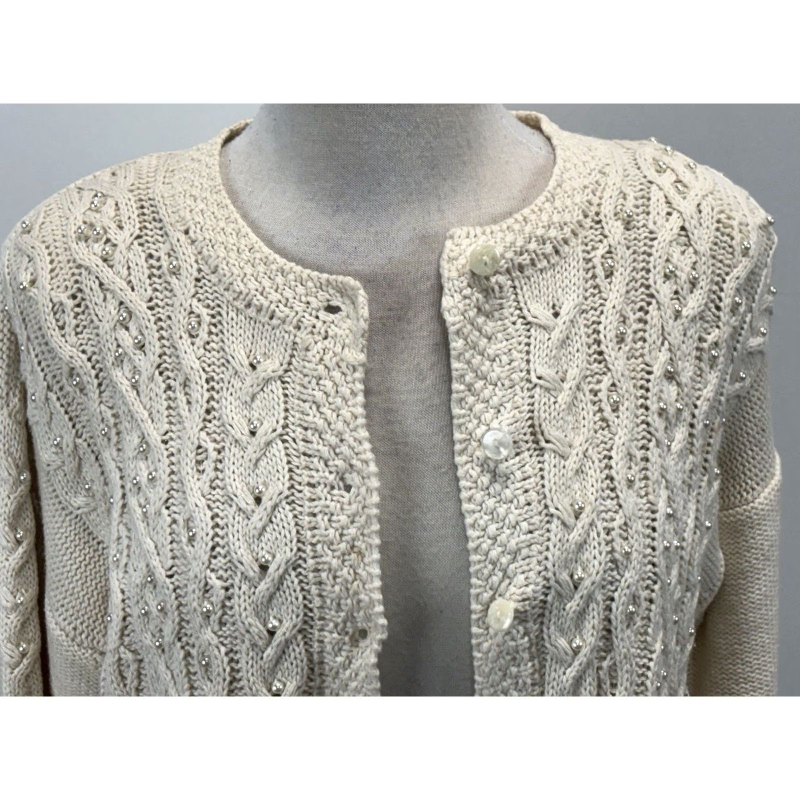 Vintage VINTAGE Rosanna Sweater Cardigan Women’s L Ivory Faux Pearls Cottage Core Cableknit Vtg Size L / US 10 / IT 46 - 5 Thumbnail