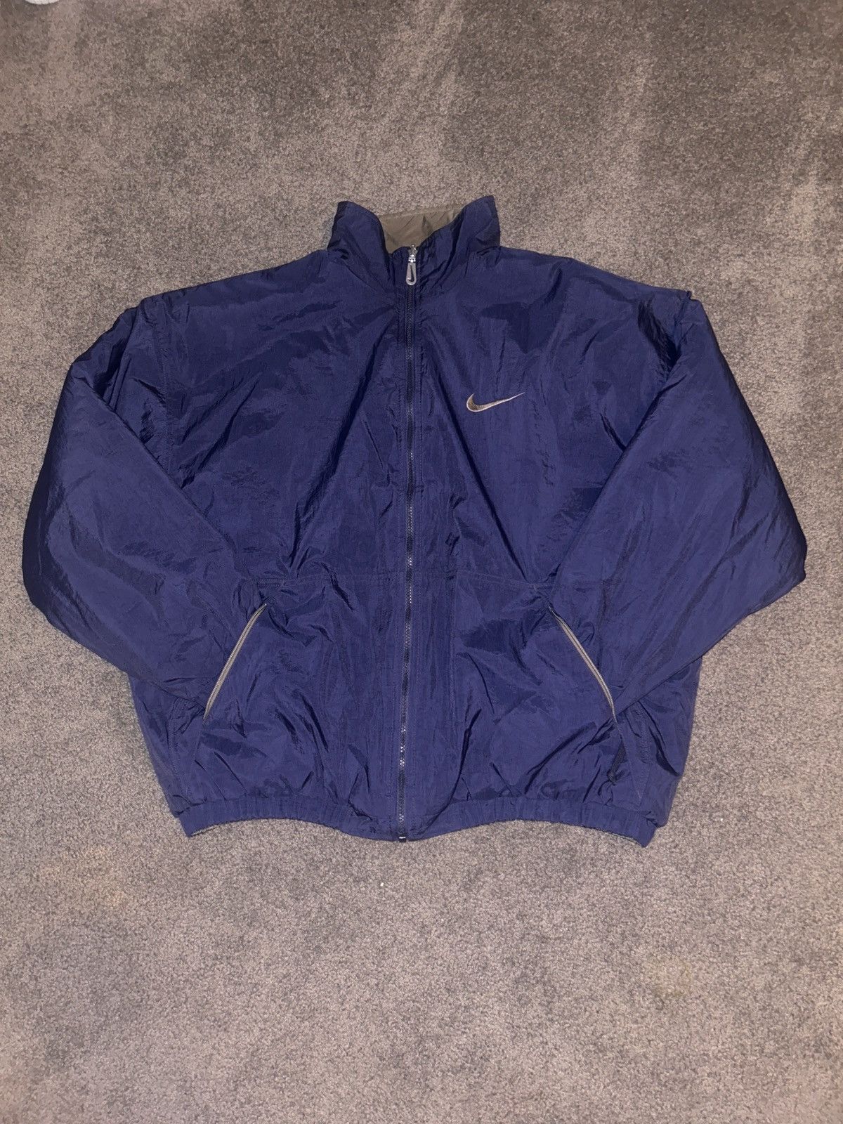 image of Nike 90's Vintage Big Swoosh Puffer Reversible Jacket in Navy, Men's (Size XL)