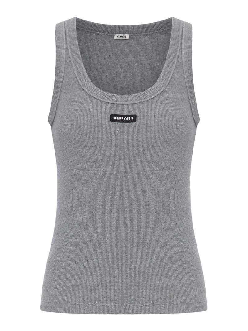 Miu Miu RIBBED TOP IN STRETCH JERSEY WITH LOGO PATCH Size M / US 6-8 / IT 42-44 - 1 Thumbnail