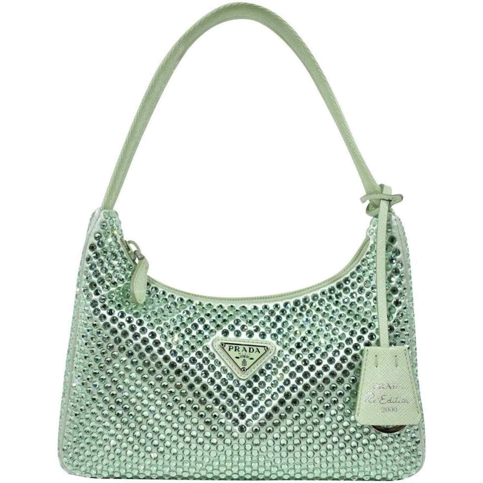 Prada Re-Edition 2000 Green Satin Crystal Nylon Shoulder Bag