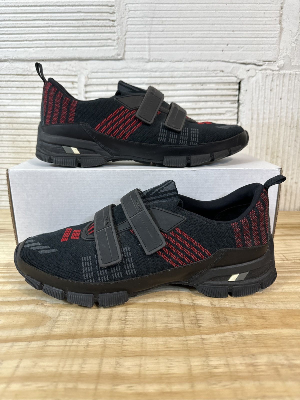 image of Prada Cross Section Strap Black Low Sneaker Size 8 in Black/Red, Men's