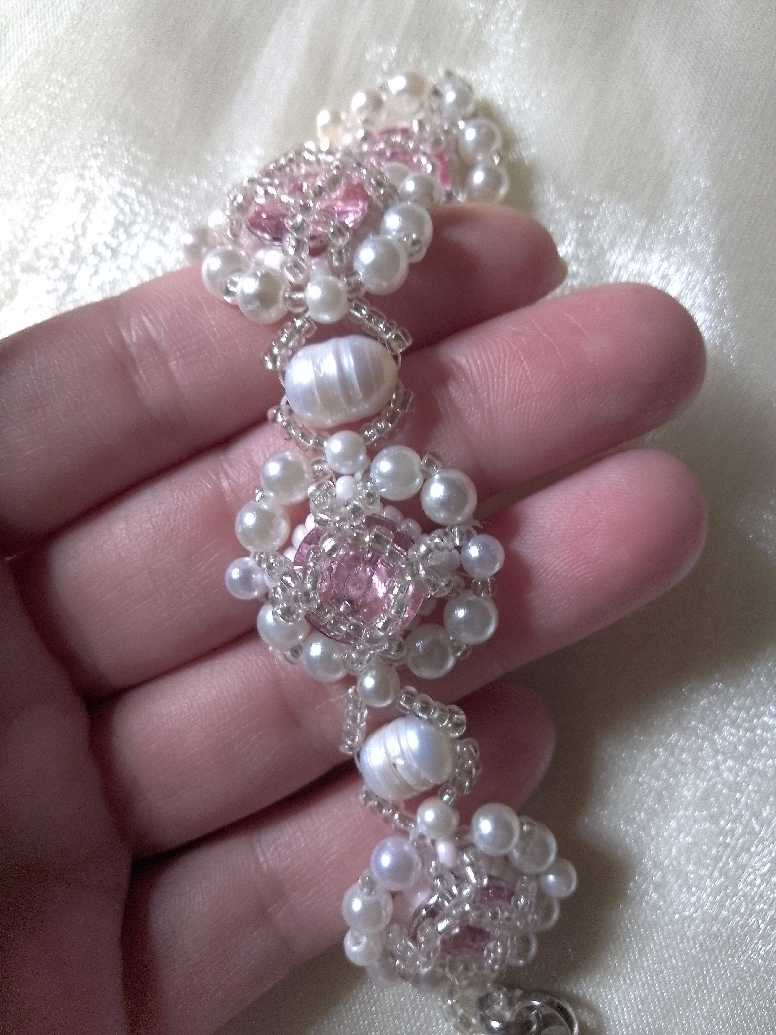 Handmade Jewelery Set Bracelet earrings pink zircons natural pearls Size ONE SIZE - 11 Thumbnail