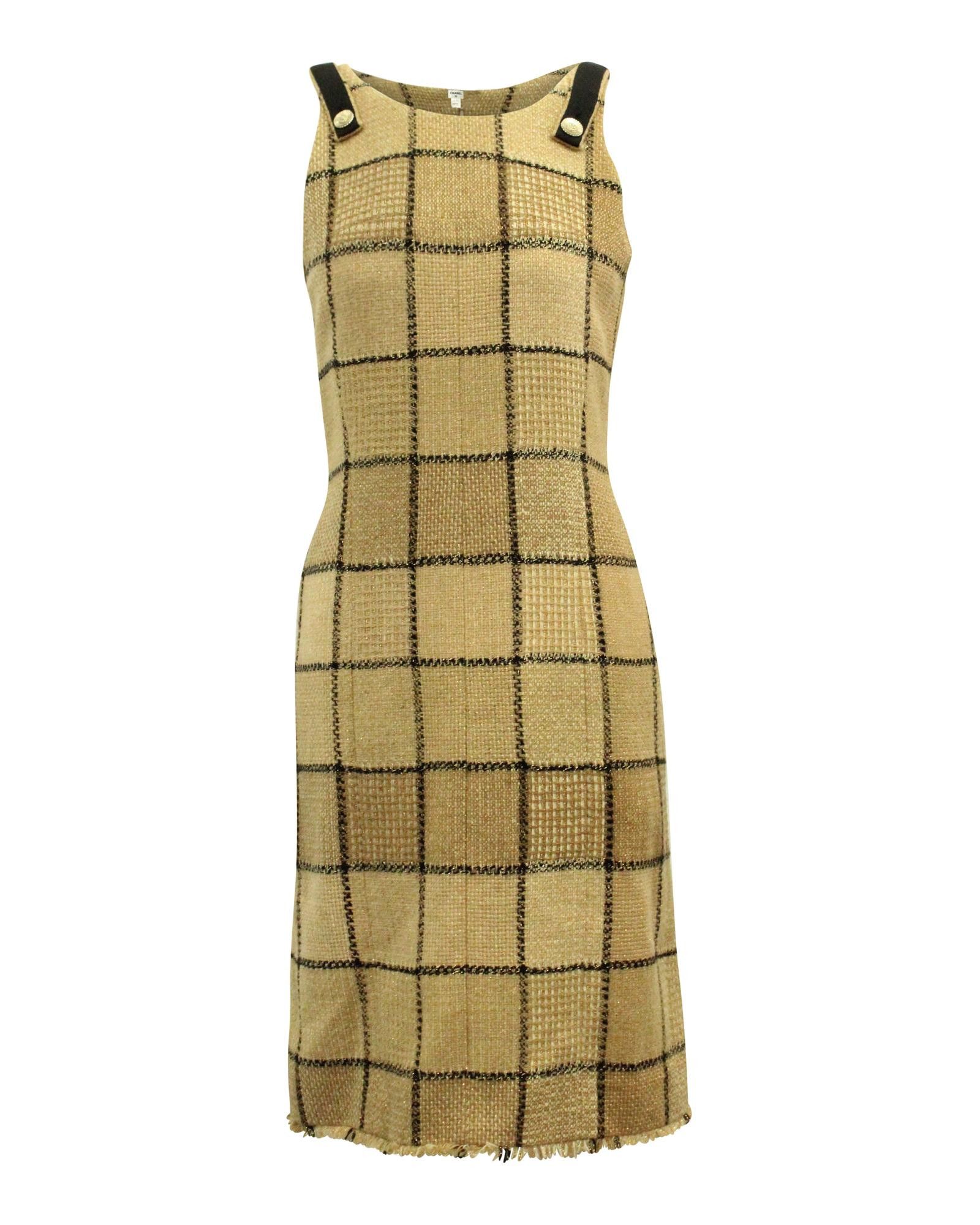 Image of Chanel Plaid Sleeveless Sheath Dress In Gold Print Laine Wool, Women's (Size XS)