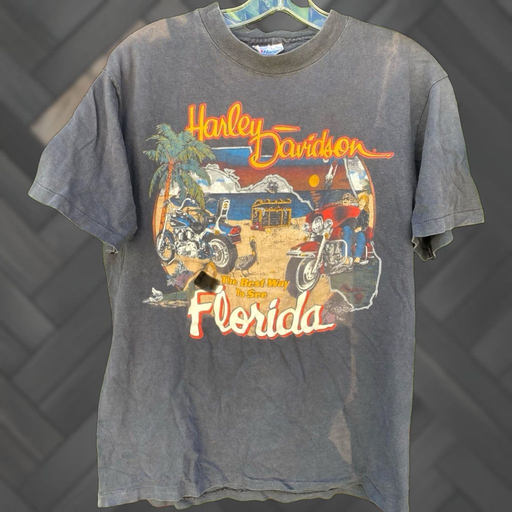 Harley Davidson VINTAGE Harley-Davidson The Best Way To See Florida T Shirt Mens L Gray Cotton 1980s Florida Biker Graphic Print Single Stitch Miami Size US L / EU 52-54 / 3 - 1 Thumbnail