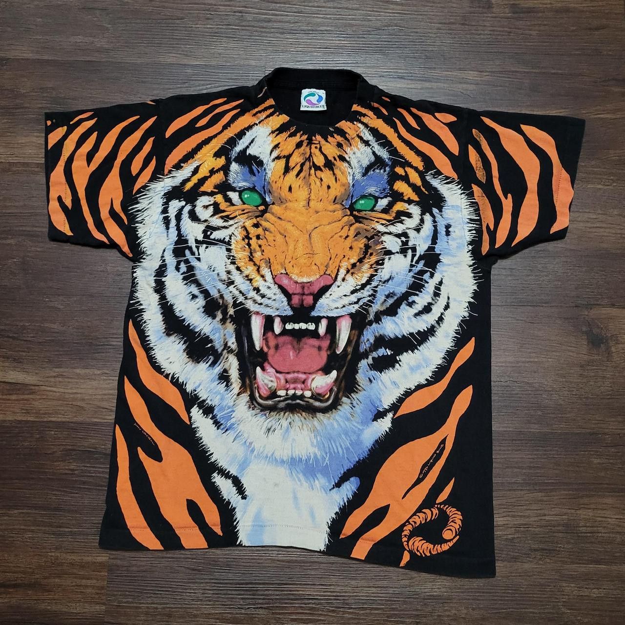 image of 90's Liquid Blue Tiger Aop Graphic Single Stitch Tee in Black/Orange, Men's (Size Medium)