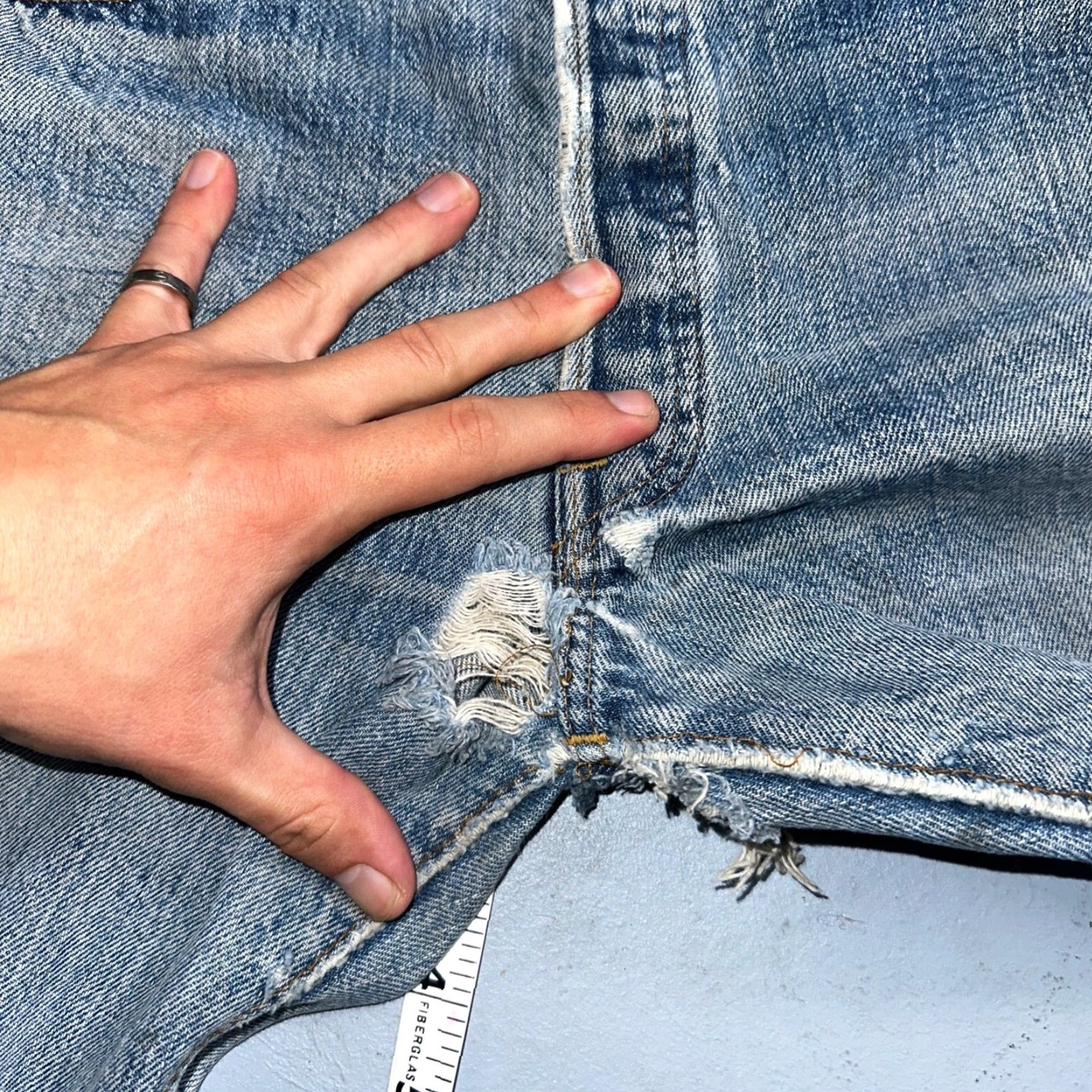 Levi's VINTAGE Levi's 501 XX Jeans - 70s Redline Selvedge, Thrashed, Ripped, Blue Denim, Button Closure, 29x29, Regular, Men's Size 29, Classic Straight Fit Size US 29 - 6 Thumbnail
