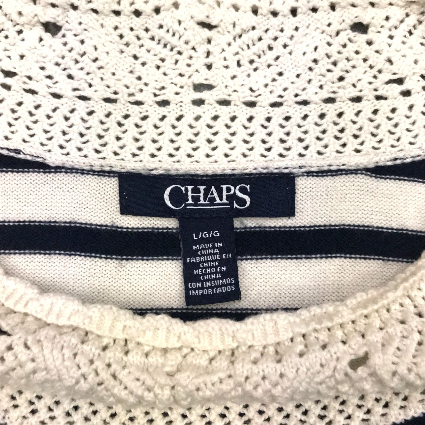 Chaps Chaps Striped Shirt Top Crochet Knit Neck Blue White Round Neck Large Womens Blouse Size L / US 10 / IT 46 - 4 Thumbnail