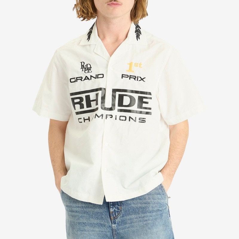 Rhude Rhude Champions Snap Shirt 'White' Relaxed Fit Embroidered Size US XL / EU 56 / 4 - 2 Thumbnail