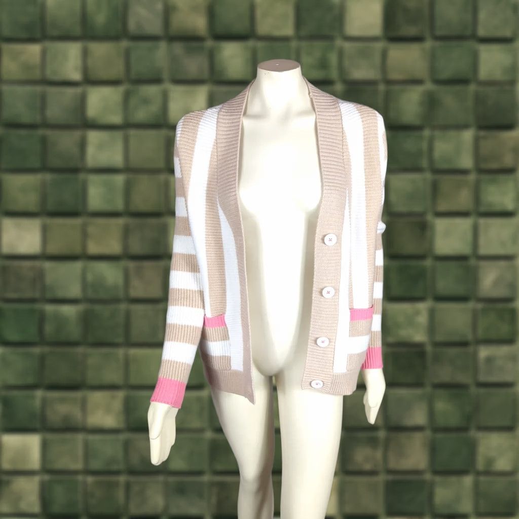 Vintage Kerri Rosenthal Knit Heart Patch Beige/Tan Striped Cardigan Small Size S / US 4 / IT 40 - 1 Thumbnail