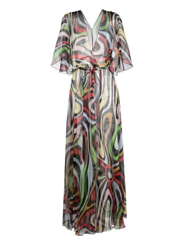 Emilio Pucci o1mle0325 Marmo Print Silk Robe Maxi Dress in Multicolor Size S / US 4 / IT 40 - 1 Thumbnail