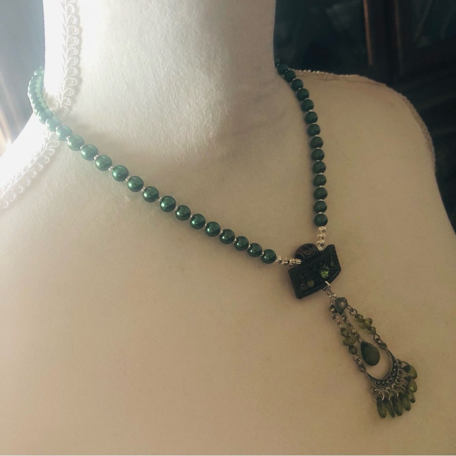 Handmade Handcrafted repurpose faceted peridot crystal Pearl necklac Size ONE SIZE - 3 Thumbnail