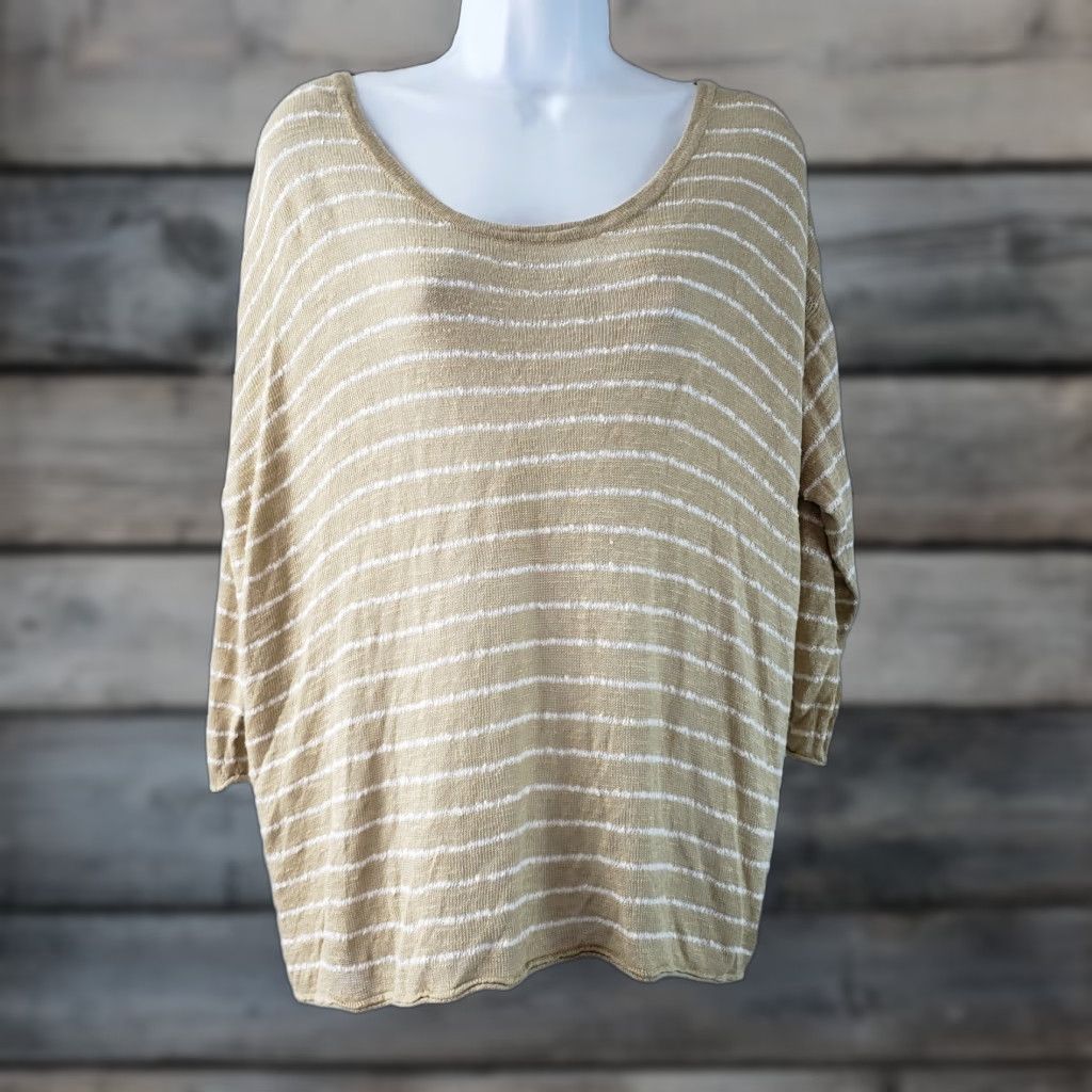 J. Jill J Jill Womens Knit Top Sz Large Tan White Striped Linen Blend Button Detail Shirt Womens L Brown Linen Blend Knit Top with Button Detail Size L / US 10 / IT 46 - 1 Thumbnail