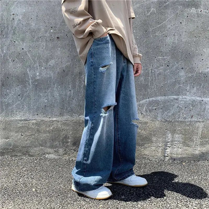 Retro wide leg hip-hop ripped jeans