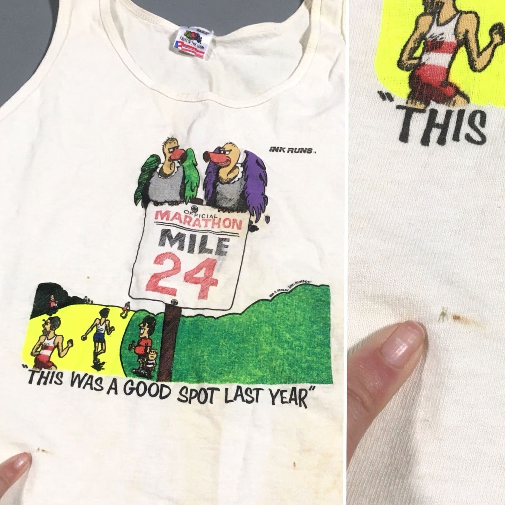 Fruit Of The Loom VINTAGE Marathon Mile 24 Neon Graphic Tank Top Geo A Sedlak Ink Runs c 87 1980s Tank Top Men L White Graphics 80s Sportswear/Beach Size US L / EU 52-54 / 3 - 7 Thumbnail