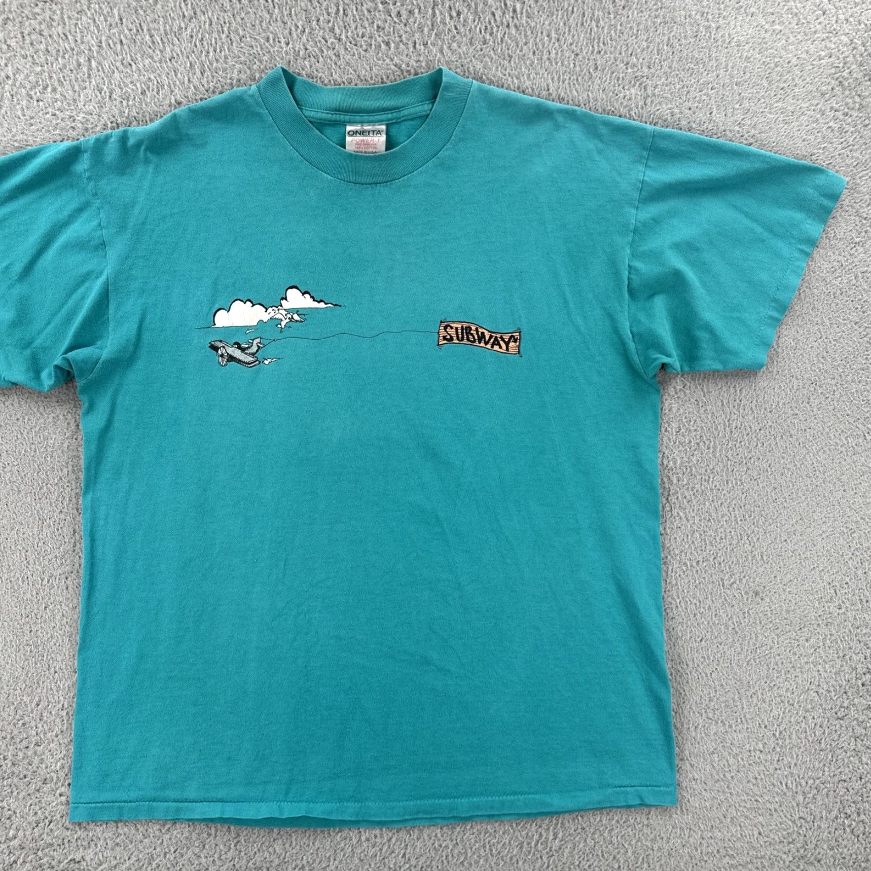 Vintage VINTAGE Oneita Mens XL Green Single Stitch Shirt USA 90s Subway Sandwiches Promo Crew Neck Short Sleeve Mens Shirt Blue/Green 90s Theme Size US XL / EU 56 / 4 - 3 Thumbnail