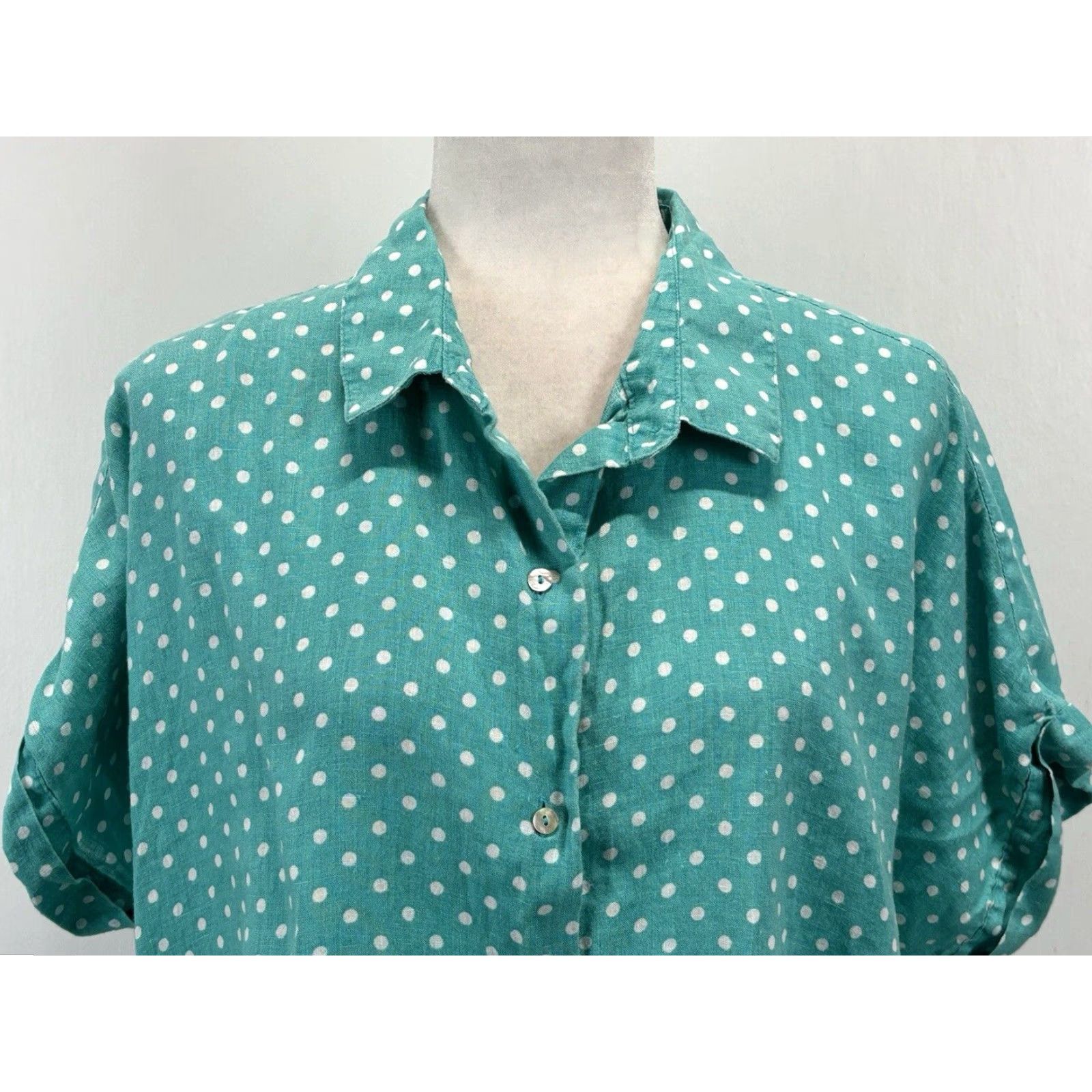 X-LARGE RACHEL Rachel Roy Women's Turquoise Linen Button-Up Shirt X-Large Polka Dot Short Sleeve Size XL / US 12-14 / IT 48-50 - 5 Thumbnail