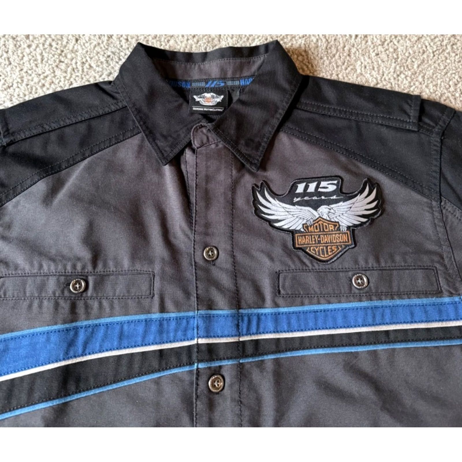 Harley Davidson Harley Davidson 115 Years Men's Embroidered Button Up Shirt Dark Gray/Black/Blue Medium Size US M / EU 48-50 / 2 - 3 Thumbnail