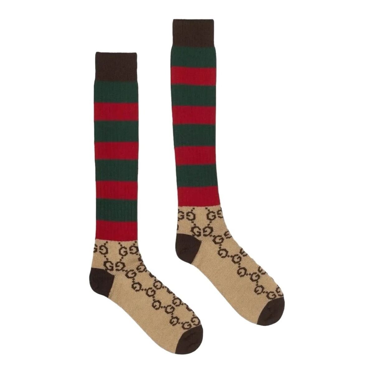 Gucci NEW GUCCI GG Striped Wool Socks Web GG Brown Green Red 100% Size ONE SIZE - 1 Thumbnail