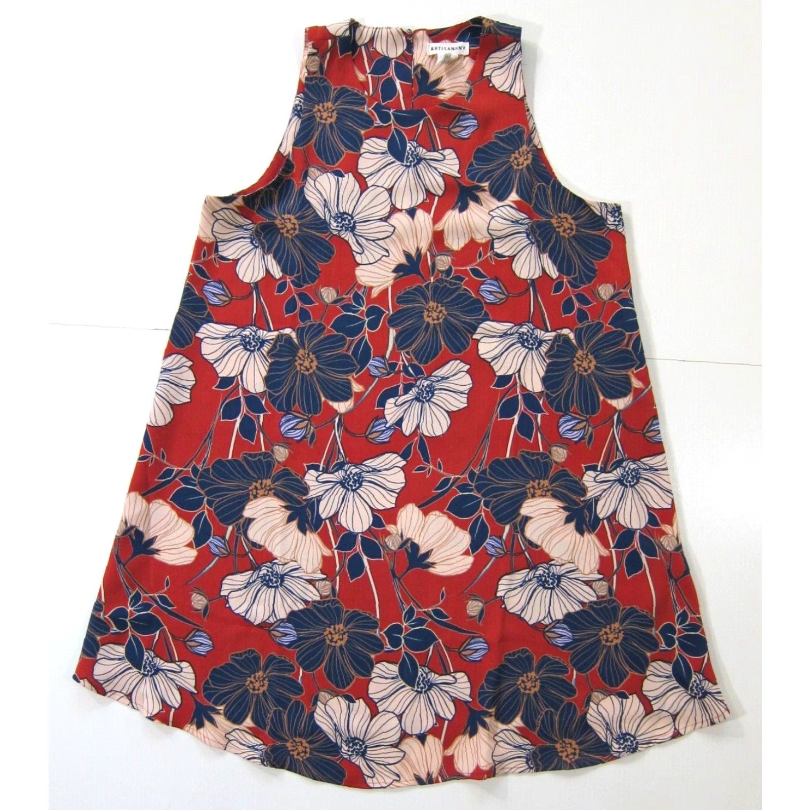 Vintage Artisan NY Red Blue White Floral Sleeveless Tunic Tent Tank Sun Shift Dress 6 Size M / US 6-8 / IT 42-44 - 2 Thumbnail