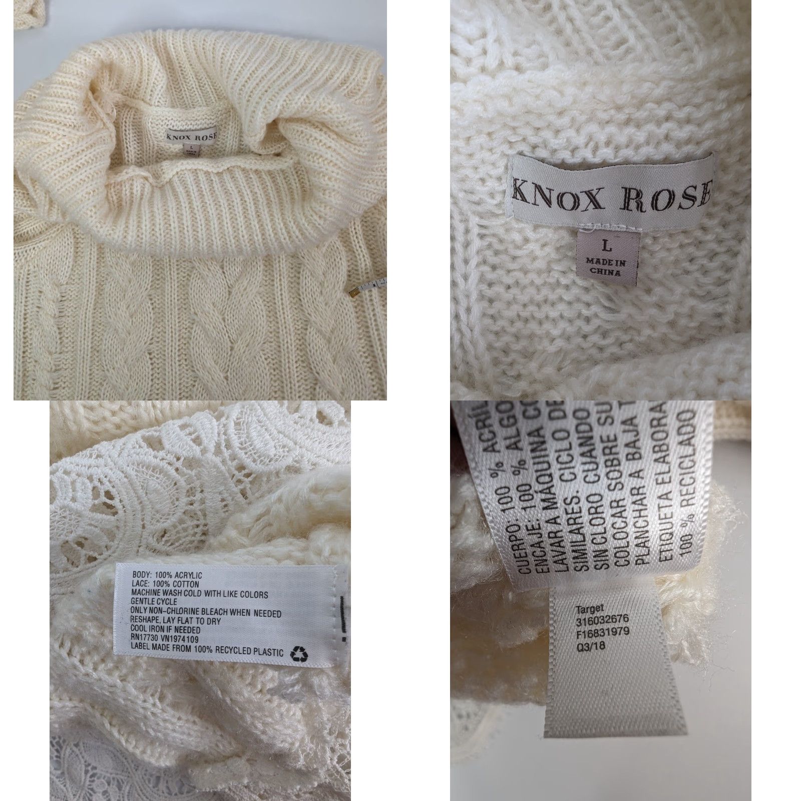 Vintage VINTAGE Knox Rose Cream Cable Knit Off the Shoulder Lace Trim Cowl Women Sweater Large Size L / US 10 / IT 46 - 8 Thumbnail