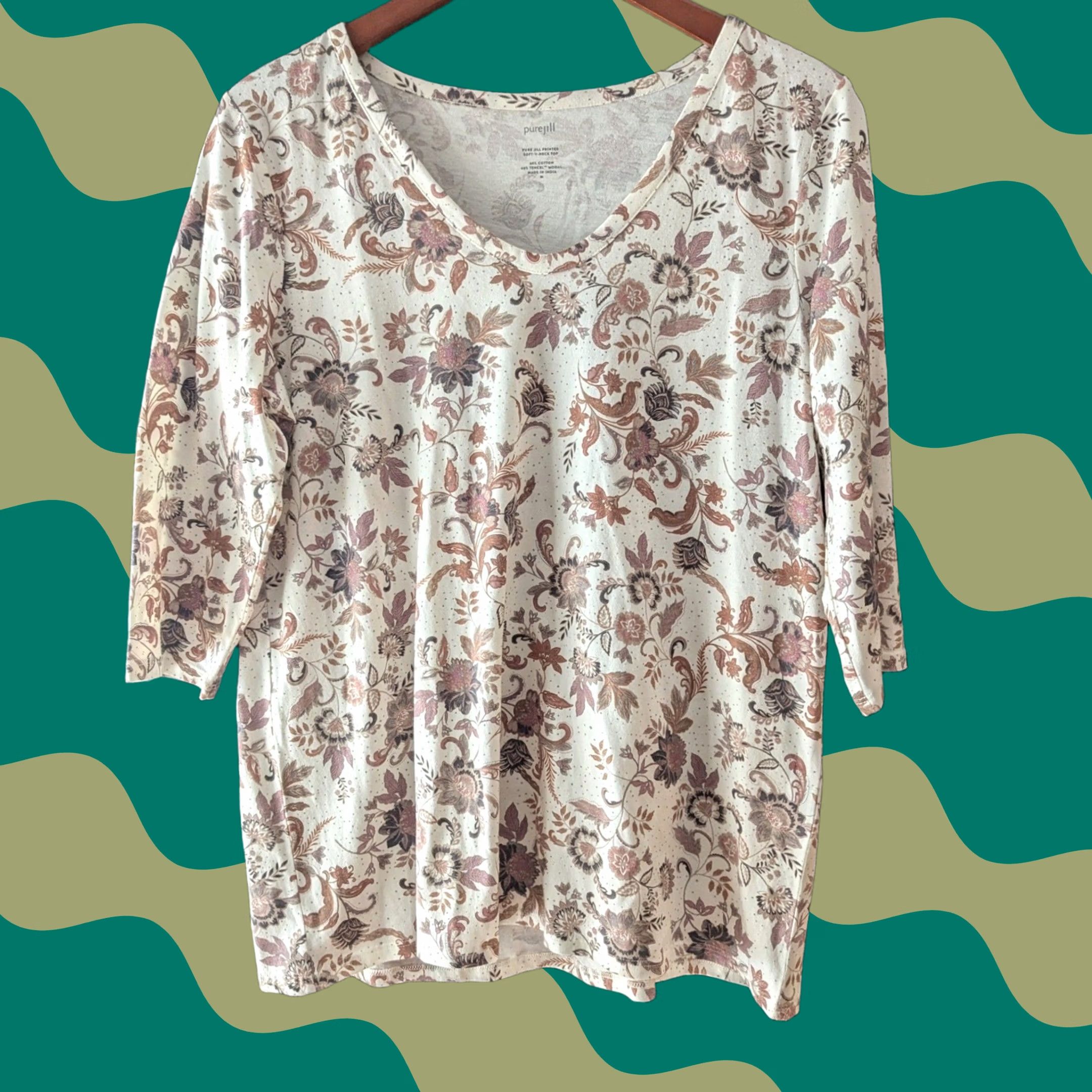 J. Jill J.Jill T-Shirt Womens M V-Neck 3/4 Sleeve Floral Multicolor Knit Cotton Blend Tencel Modal Pullover Casual Shirt Basic Size M / US 6-8 / IT 42-44 - 1 Thumbnail
