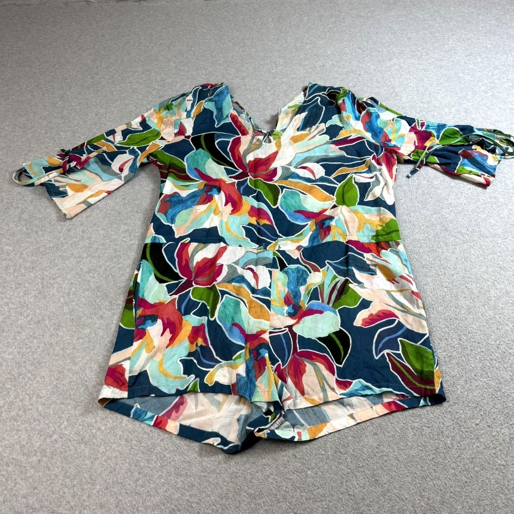 Vintage La Blanca Swim Cover-Up Romper Womens Medium Multi Floral Tie Sleeve Pockets Size 32" / US 10 / IT 46 - 2 Thumbnail