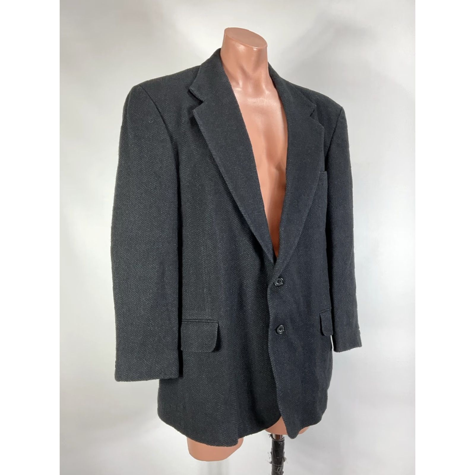 VINTAGE Eddie Bauer Blazer Jacket Men 46 Wool Herringbone Gray 2 Button SPORT COAT USA MADE