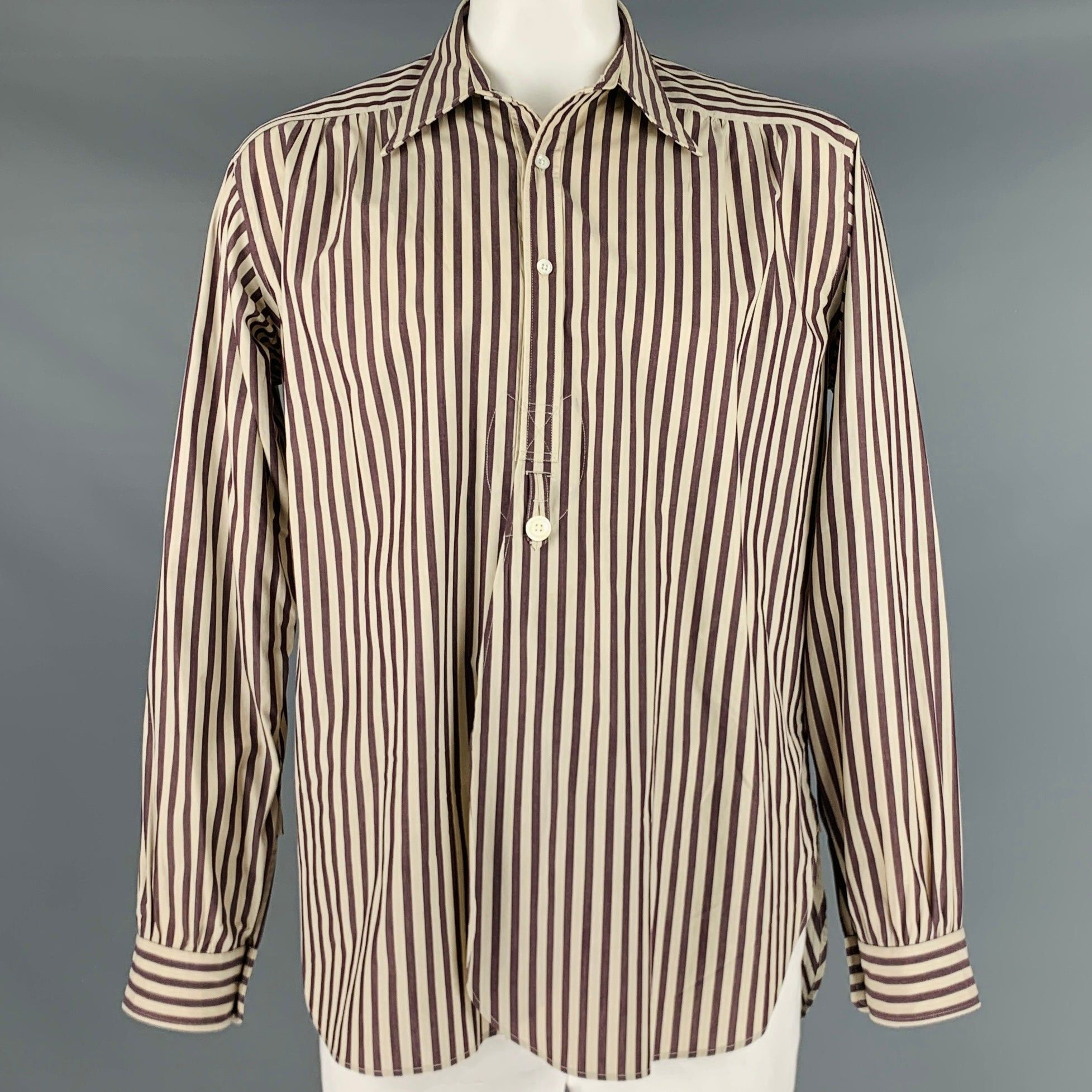 image of Needles Brown Cream Stripe Cotton Long Placket Long Sleeve Shirt, Men's (Size XL)