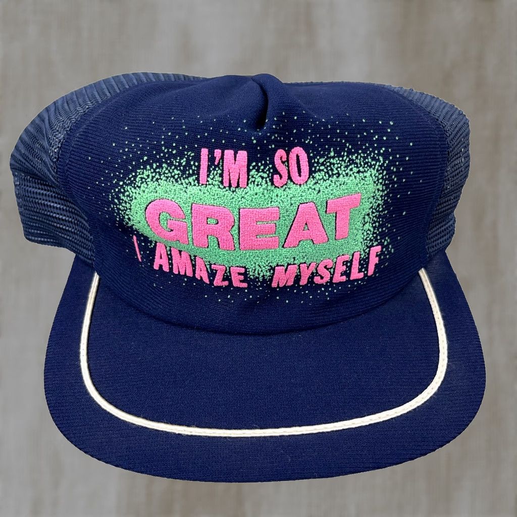 Vintage VINTAGE Comedy Stripe Trucker Hat Cap 80s USA Made Funny Joke Blue Adult Adjustable Mens Size ONE SIZE - 1 Thumbnail