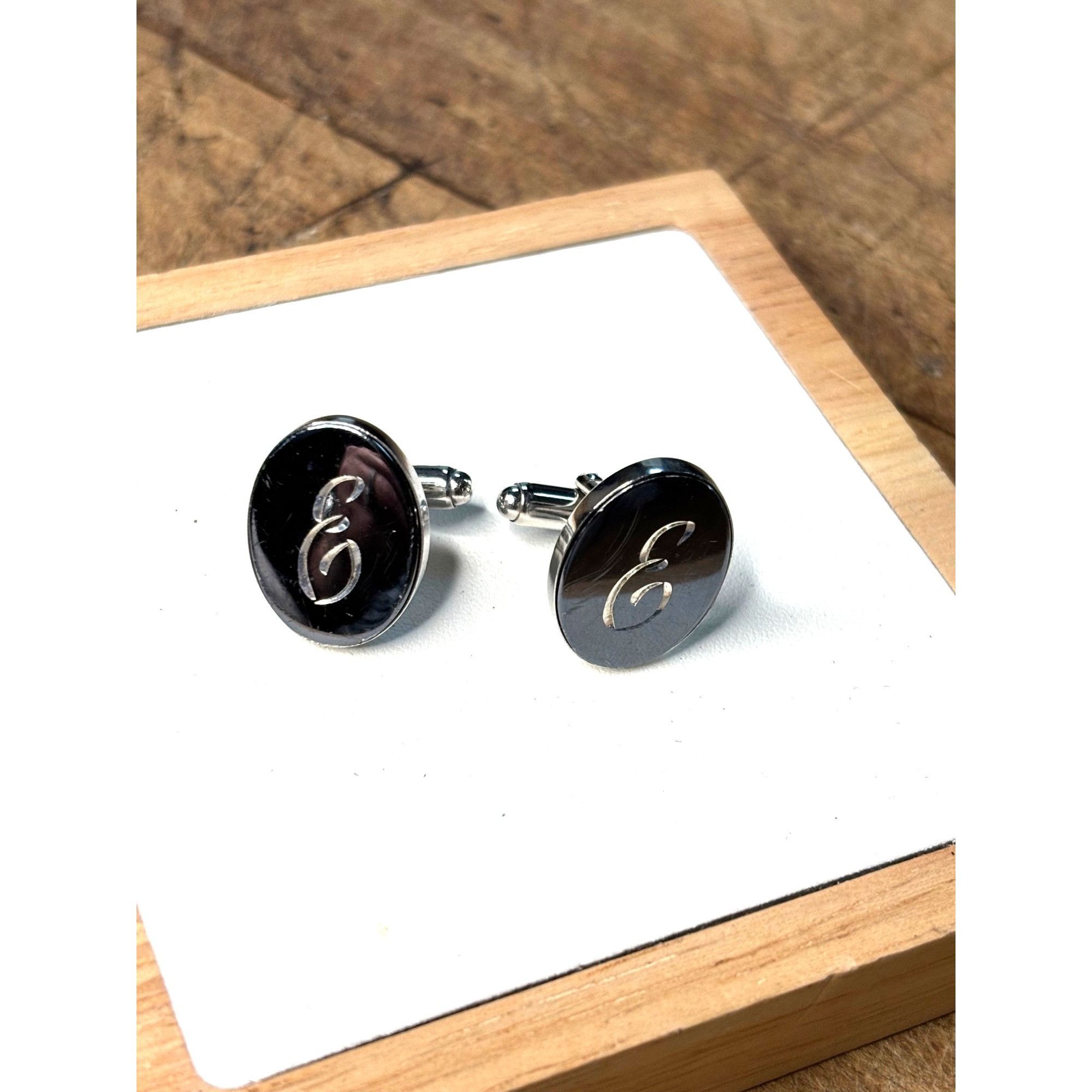 Other Personalized Silver Oval Cufflinks With Engraved Letter E Size 44R - 1 Thumbnail