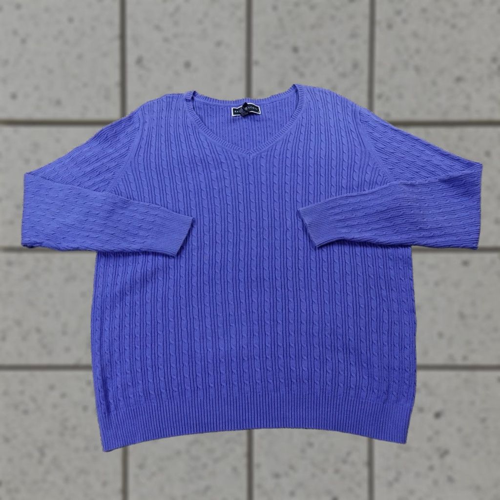Vintage Fisherman Sweater Womens XL Blue V Neck 3D Aran Cable Knit Pullover Sweatshirt Size XL / US 12-14 / IT 48-50 - 1 Thumbnail
